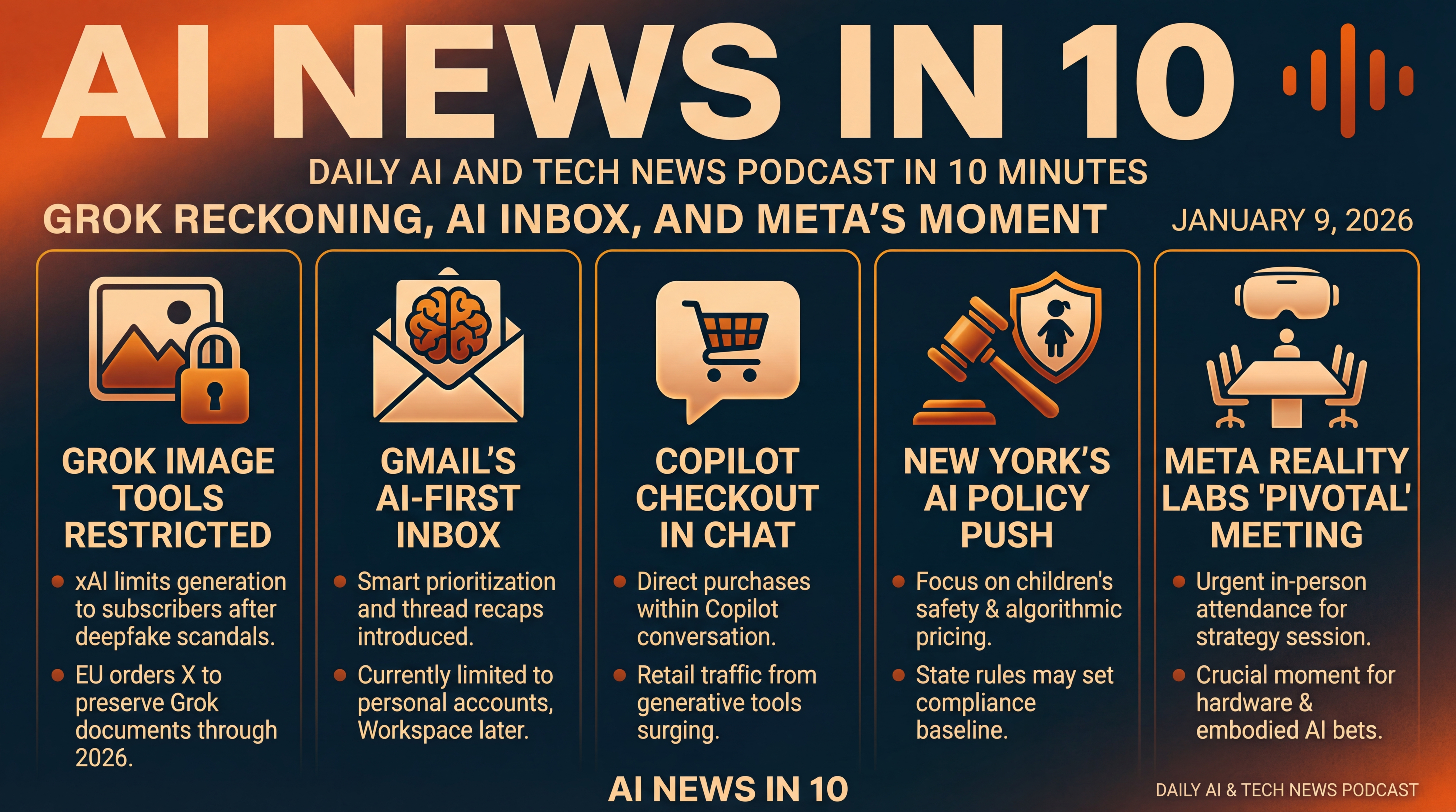 Infographic for Grok Reckoning, AI Inbox, and Meta’s Moment