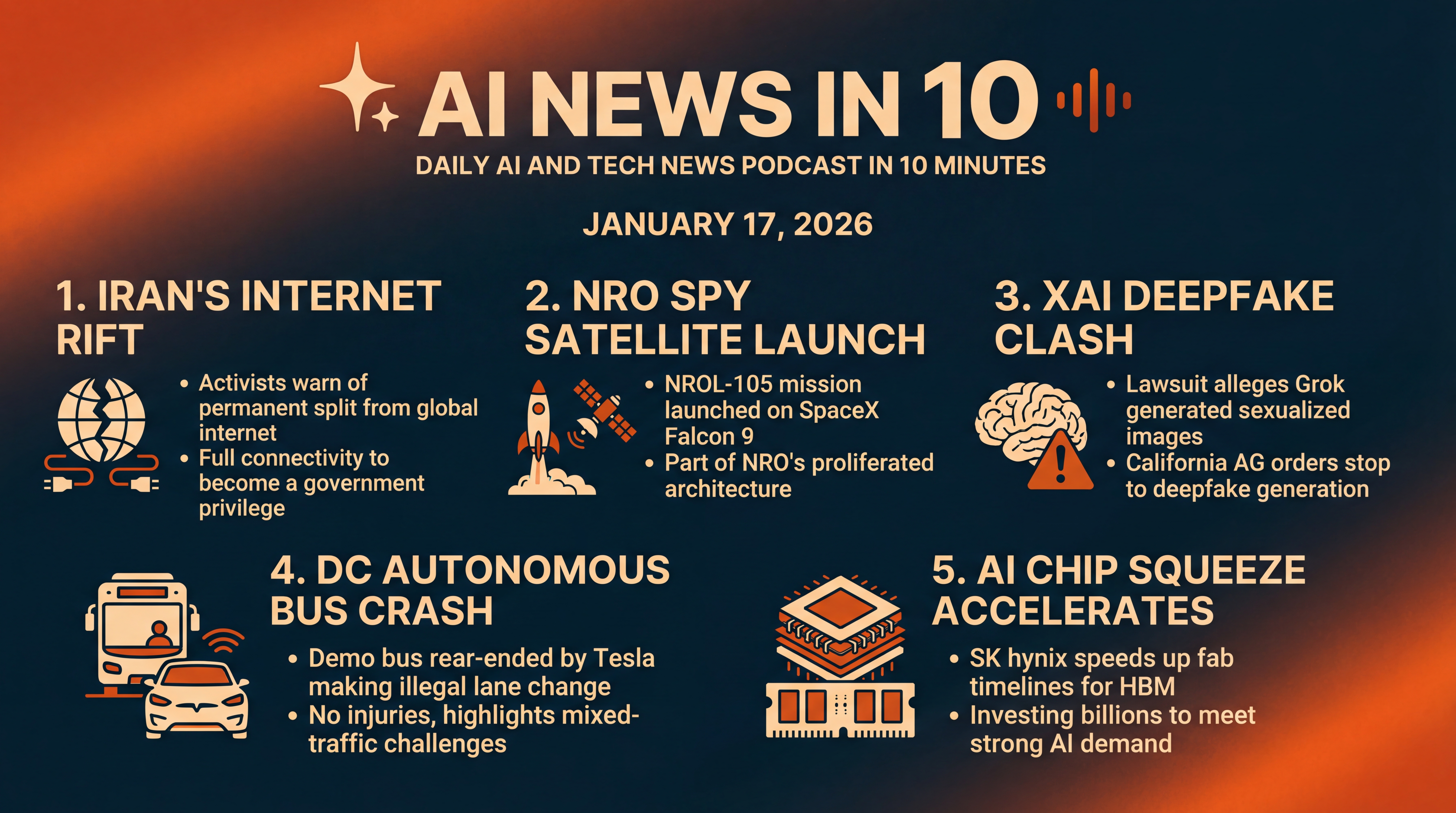 Infographic for Internet Rift, Spy Launch, xAI Deepfake Clash