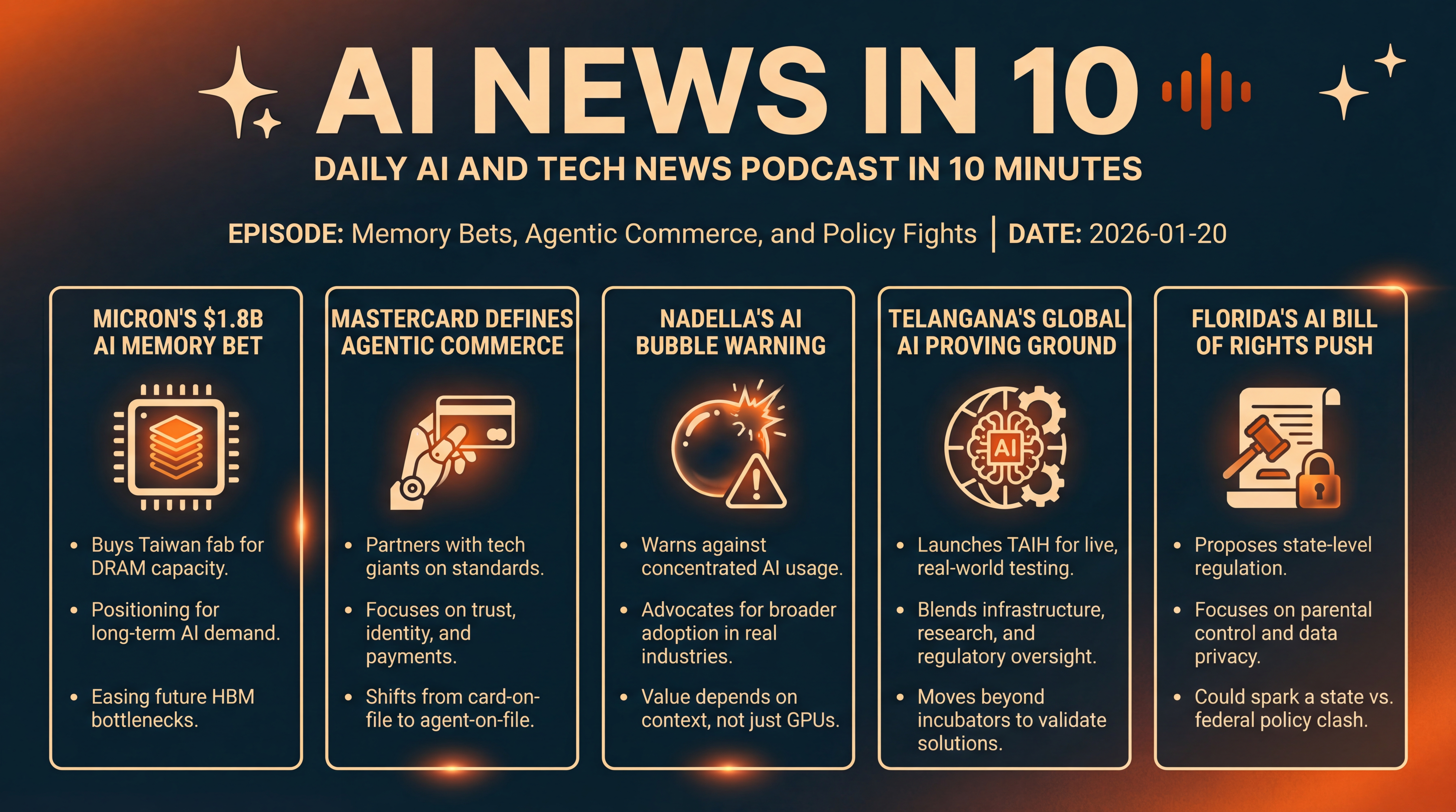 Infographic for Memory Bets, Agentic Commerce, and Policy Fights