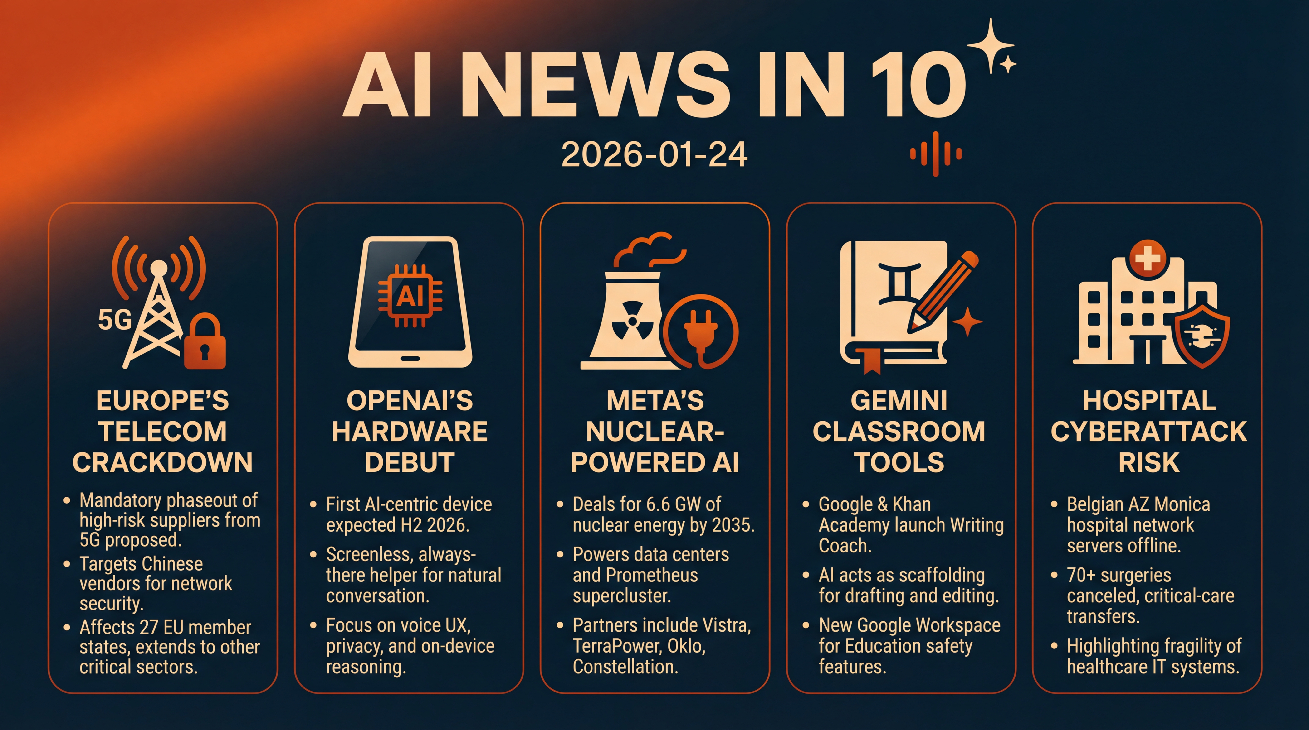 Infographic for Telecom Crackdown, Nuclear-Powered AI, and Classroom Tools