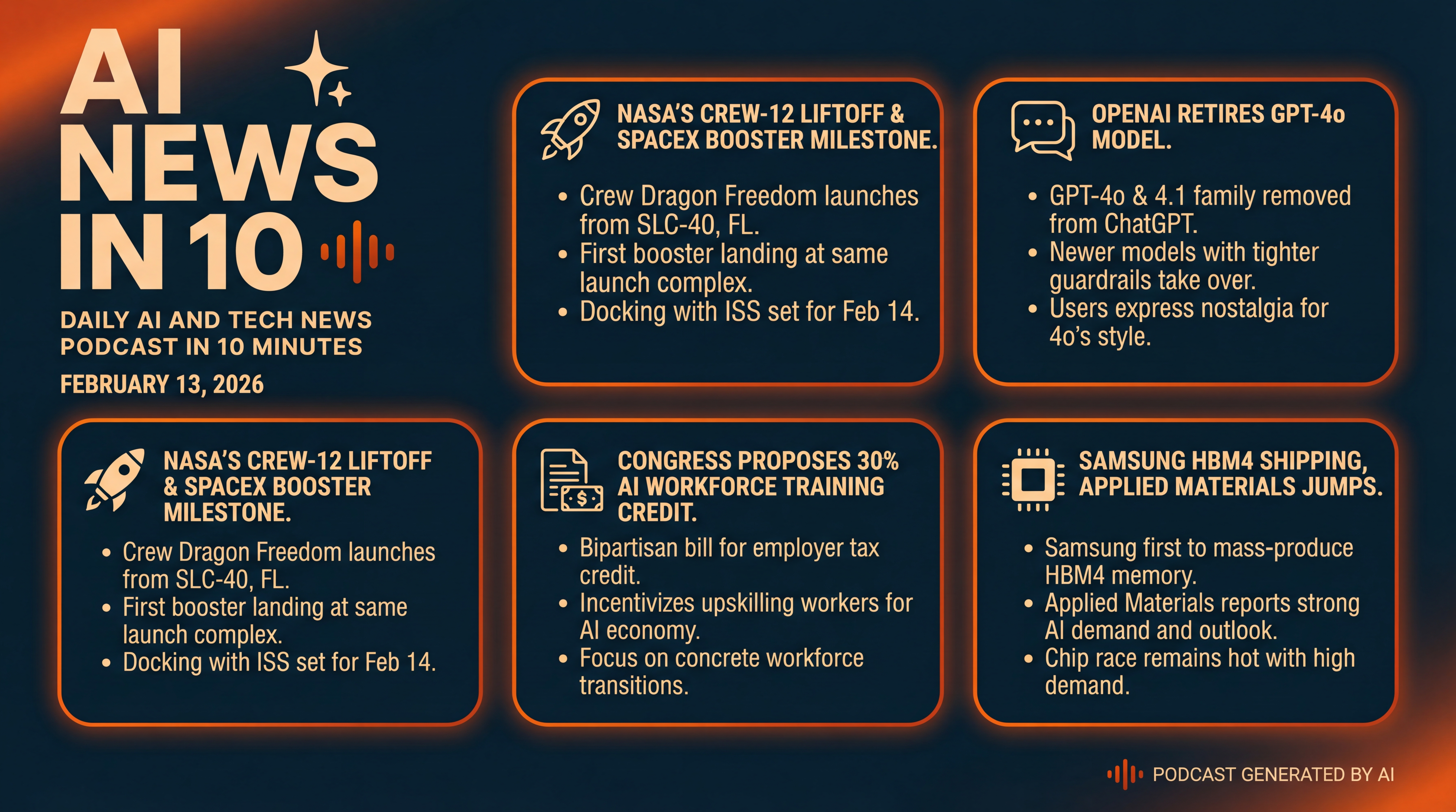 Infographic for Crew-12 Liftoff, GPT Farewells, and HBM4 Heat