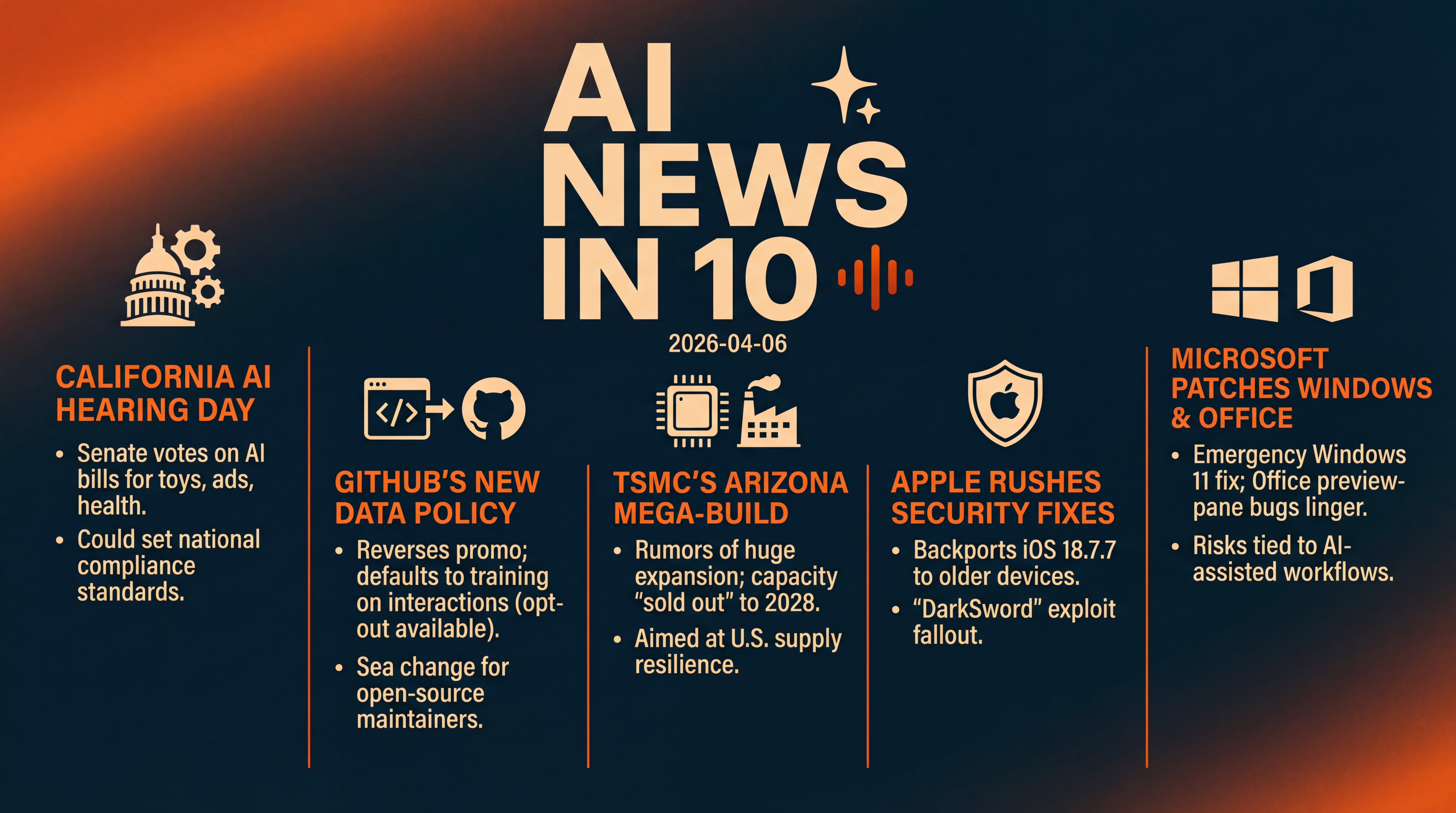 Infographic for AI Rules, GitHub Defaults, and TSMC's Big Bet