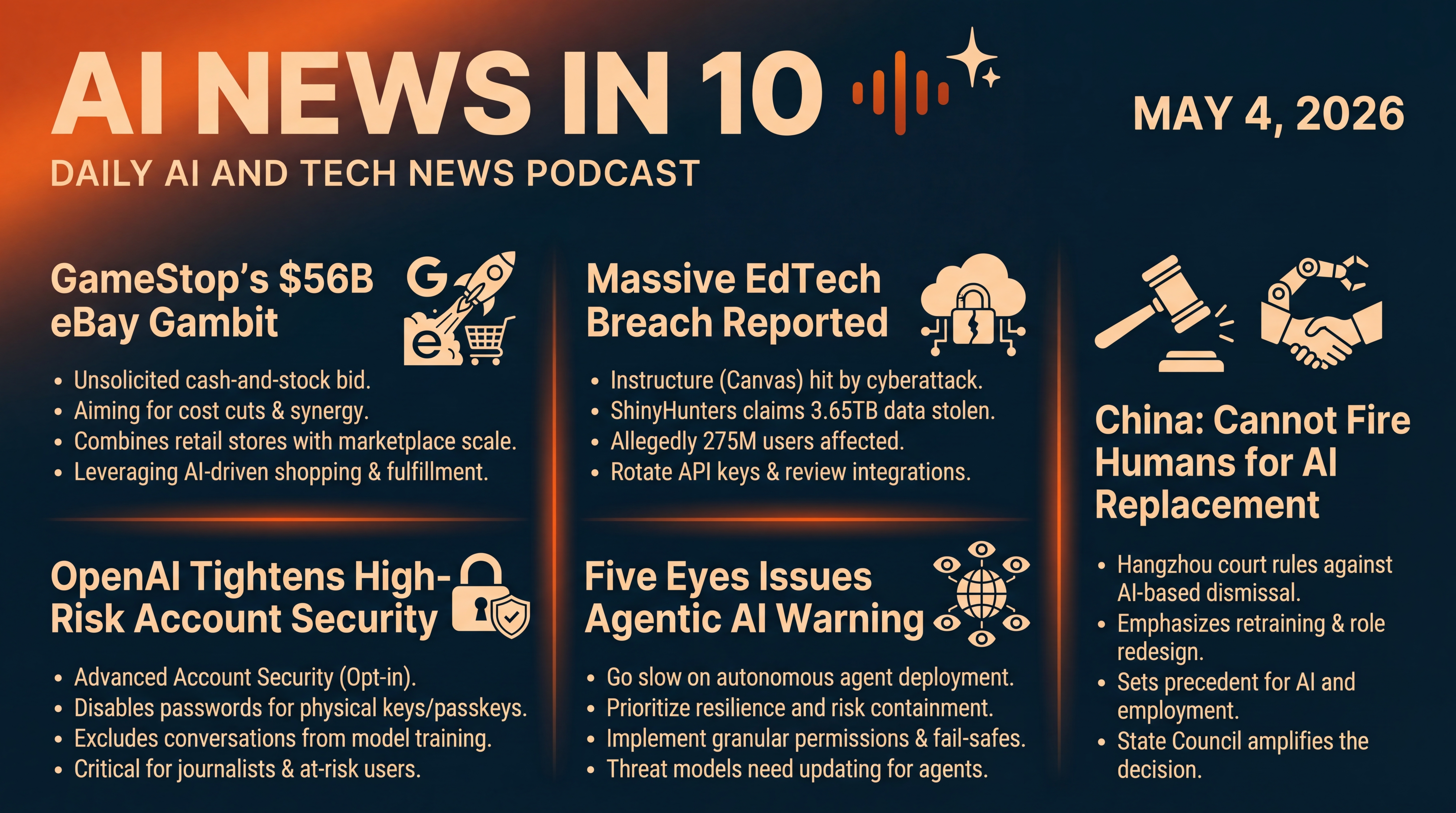 Infographic for GameStop’s eBay Gambit, AI Guardrails Tighten