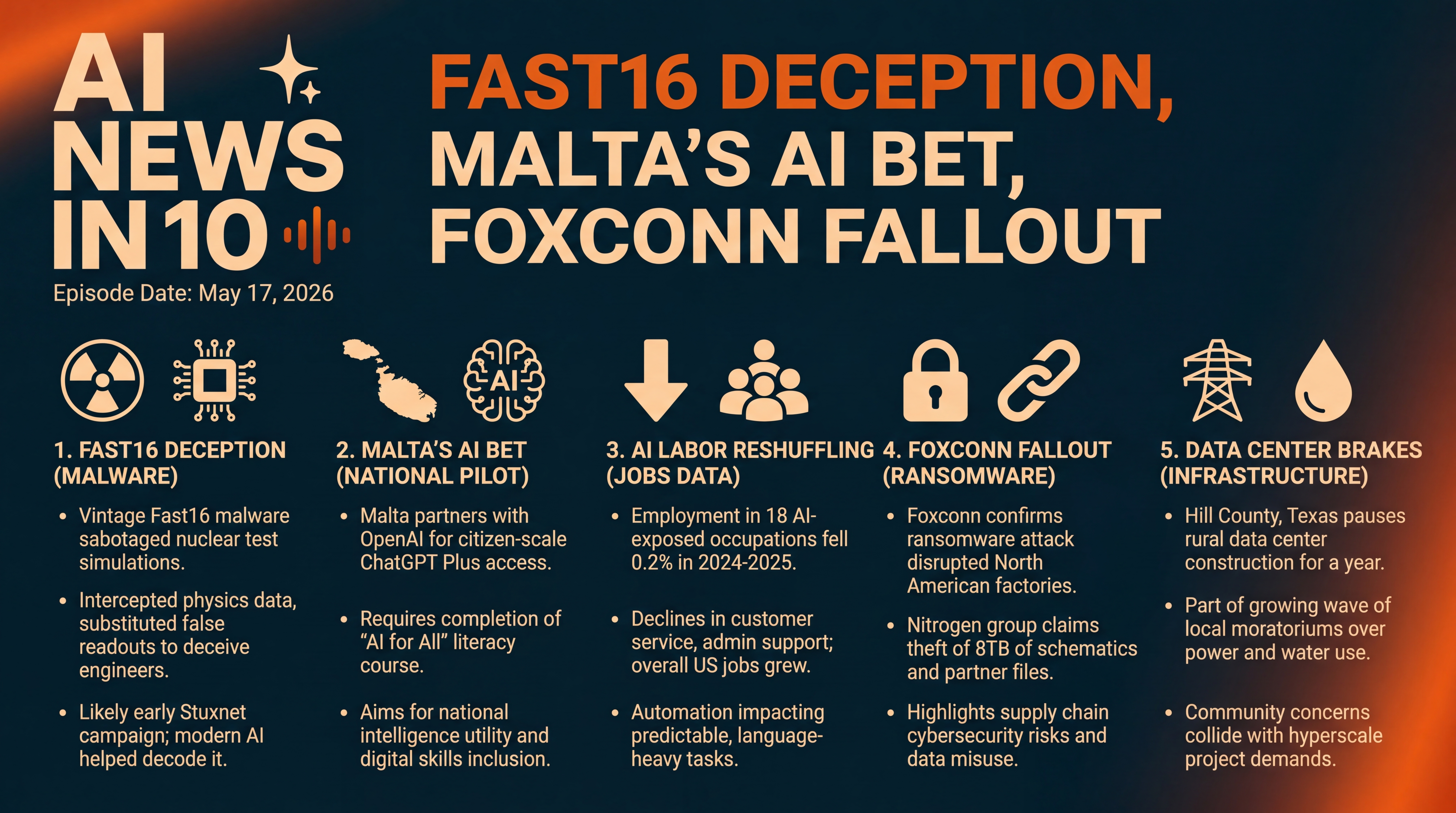 Infographic for Fast16 Deception, Malta’s AI Bet, Foxconn Fallout