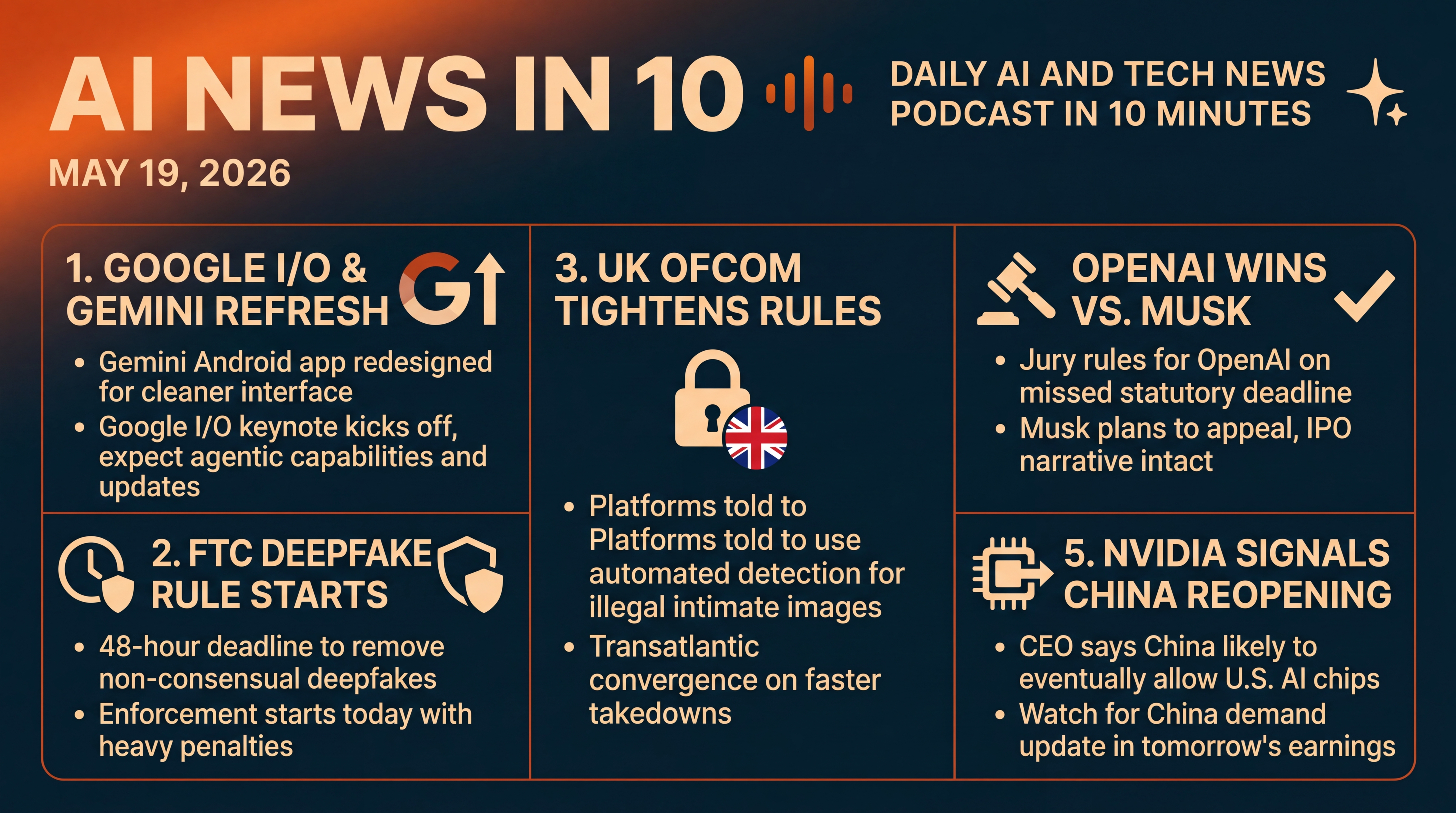 Infographic for Gemini Refresh, Deepfake Rules, Nvidia Signals