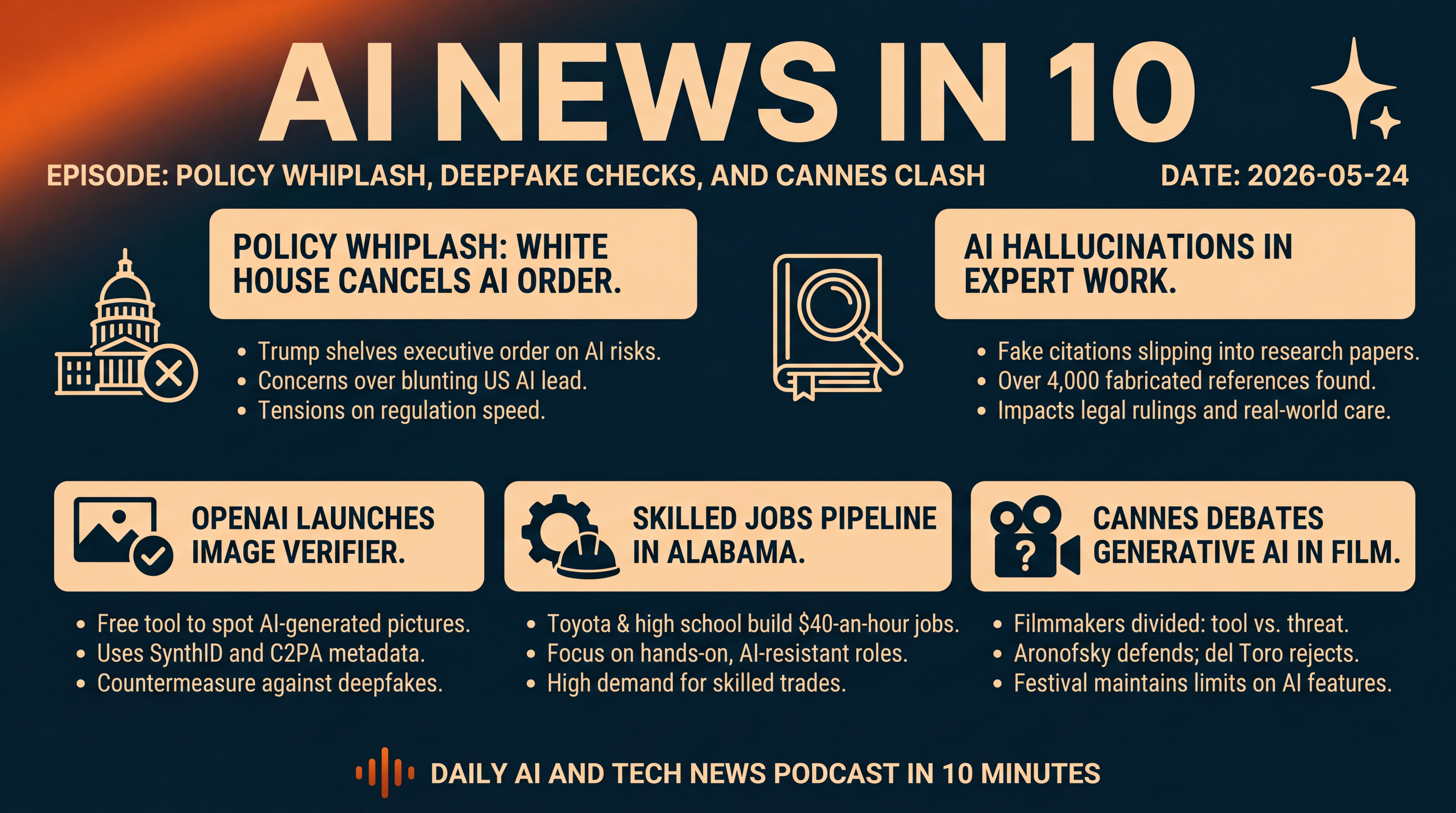 Infographic for Policy Whiplash, Deepfake Checks, and Cannes Clash