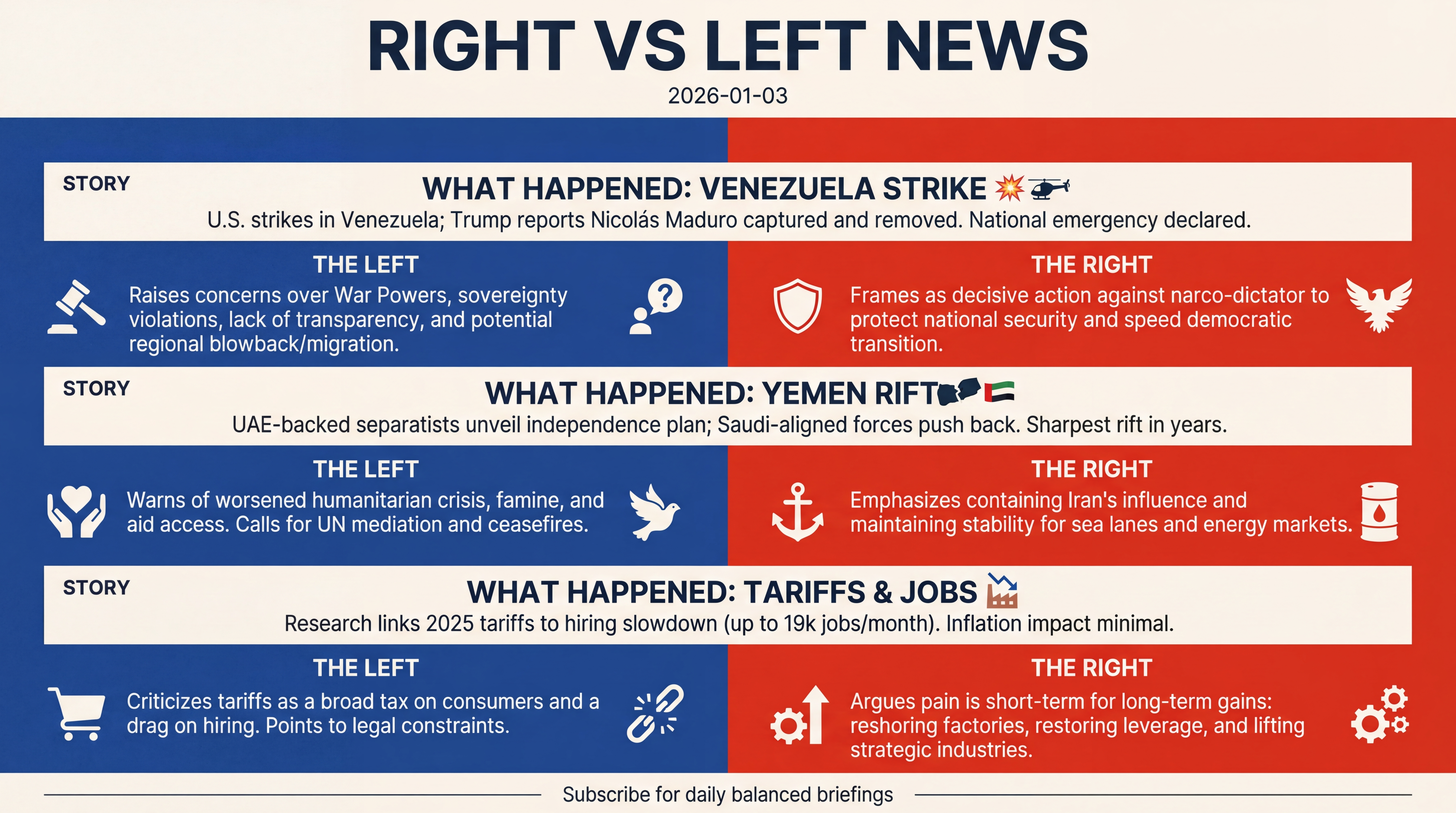 Infographic for Venezuela Strike, Yemen Rift, Tariffs, Mar-a-Lago, Markets