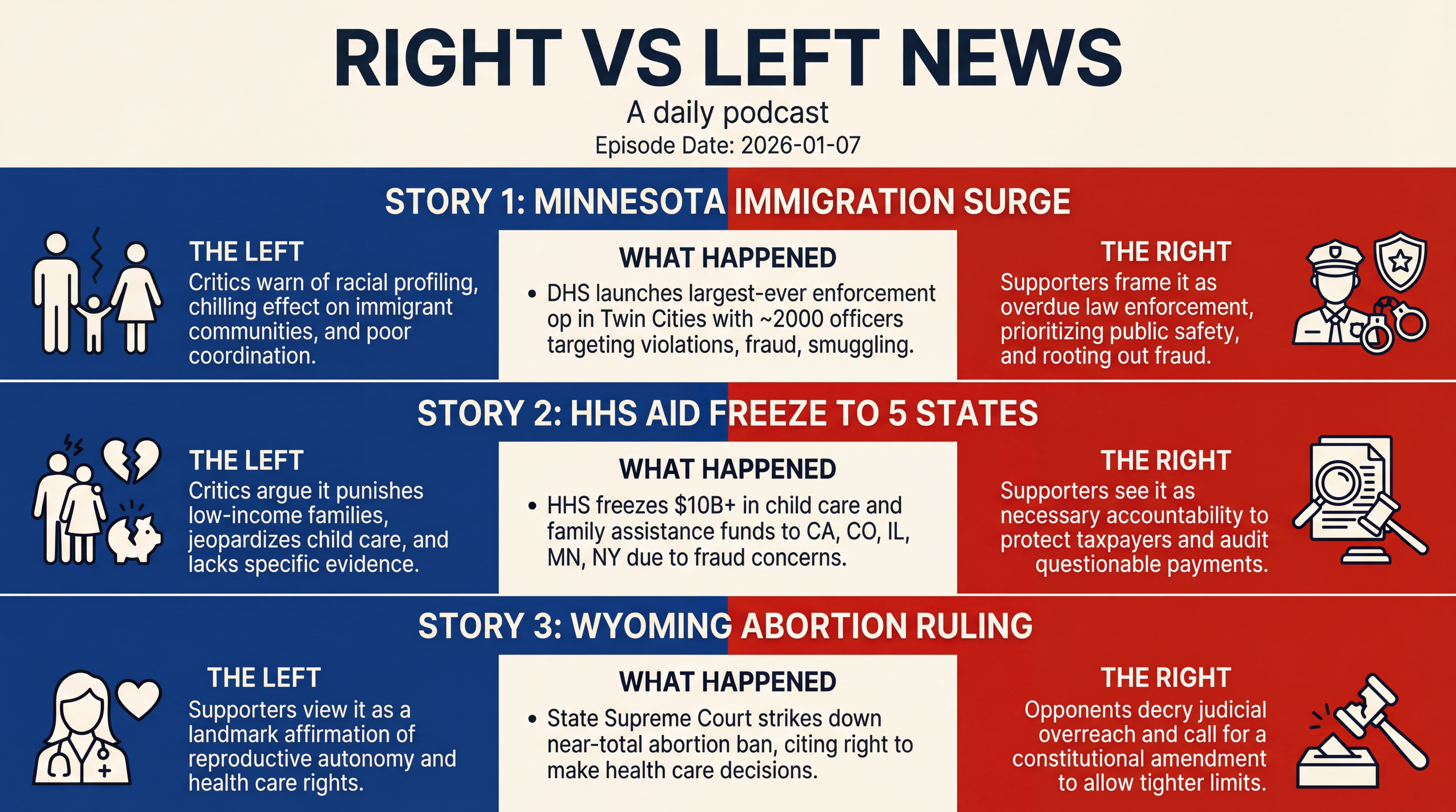 Infographic for Five Flashpoints: Immigration, Aid Freeze, Abortion, AI, Greenland