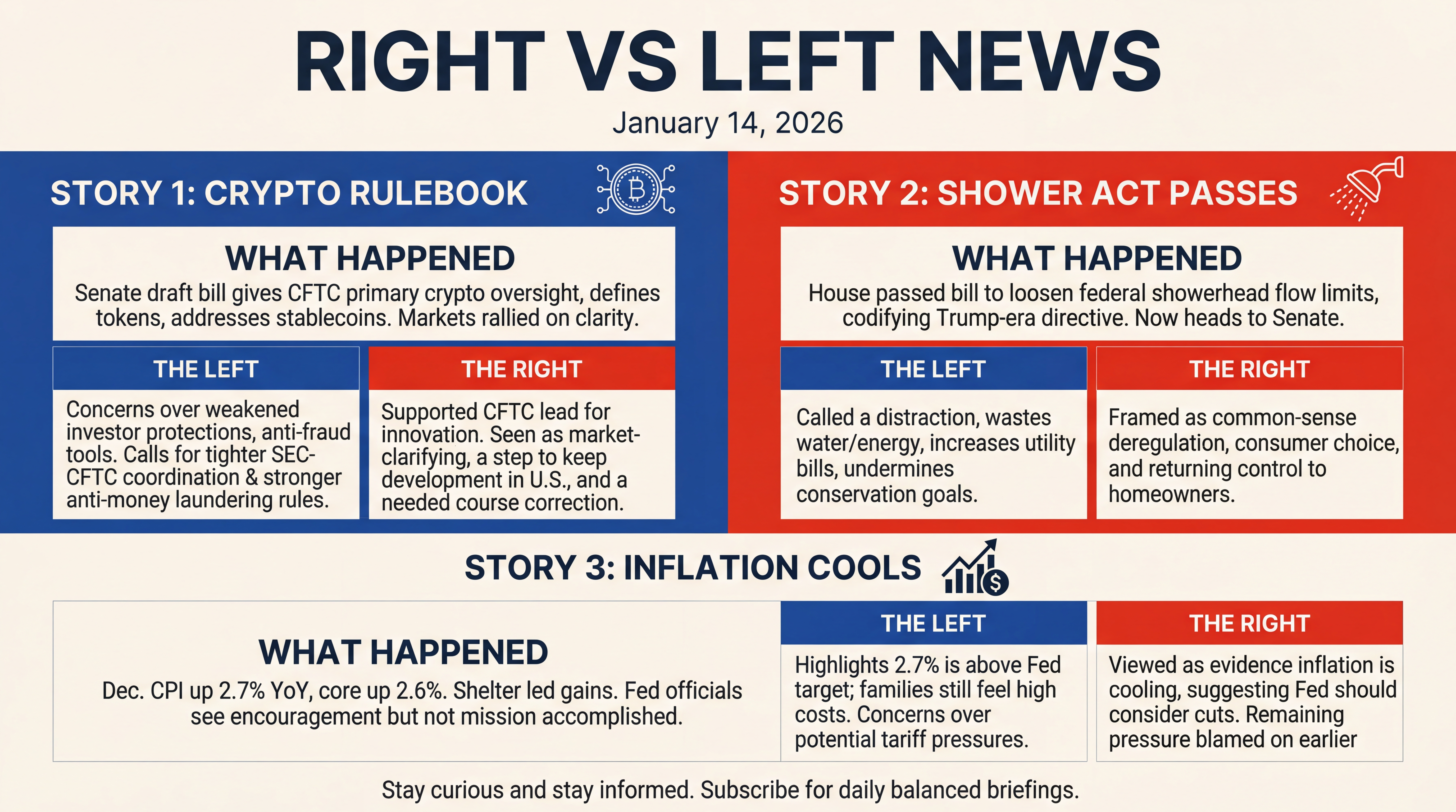 Infographic for Crypto Rulebook, Shower Flow, and Winter Storms