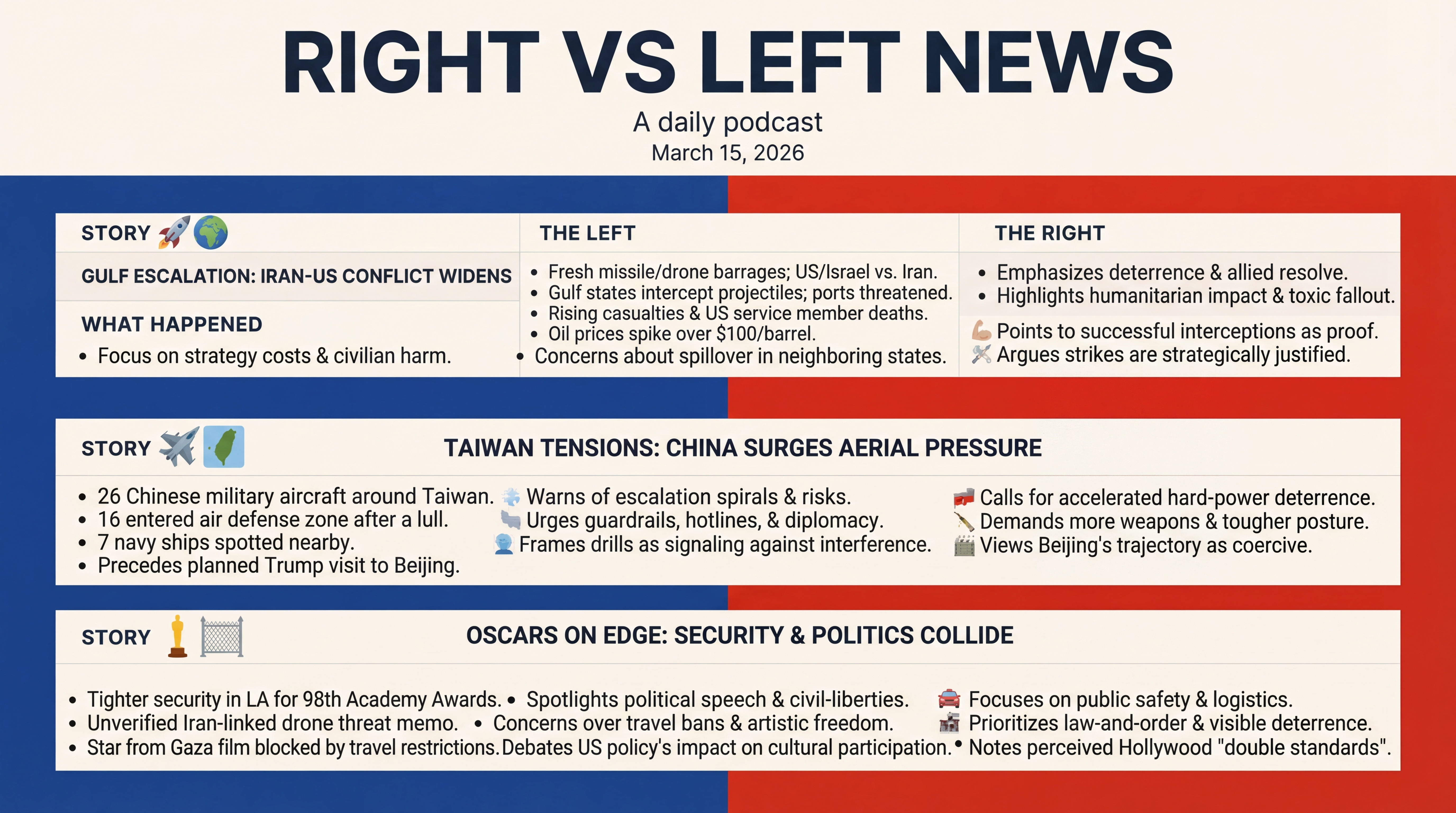 Infographic for Gulf Escalation, Taiwan Tensions, Oscars on Edge