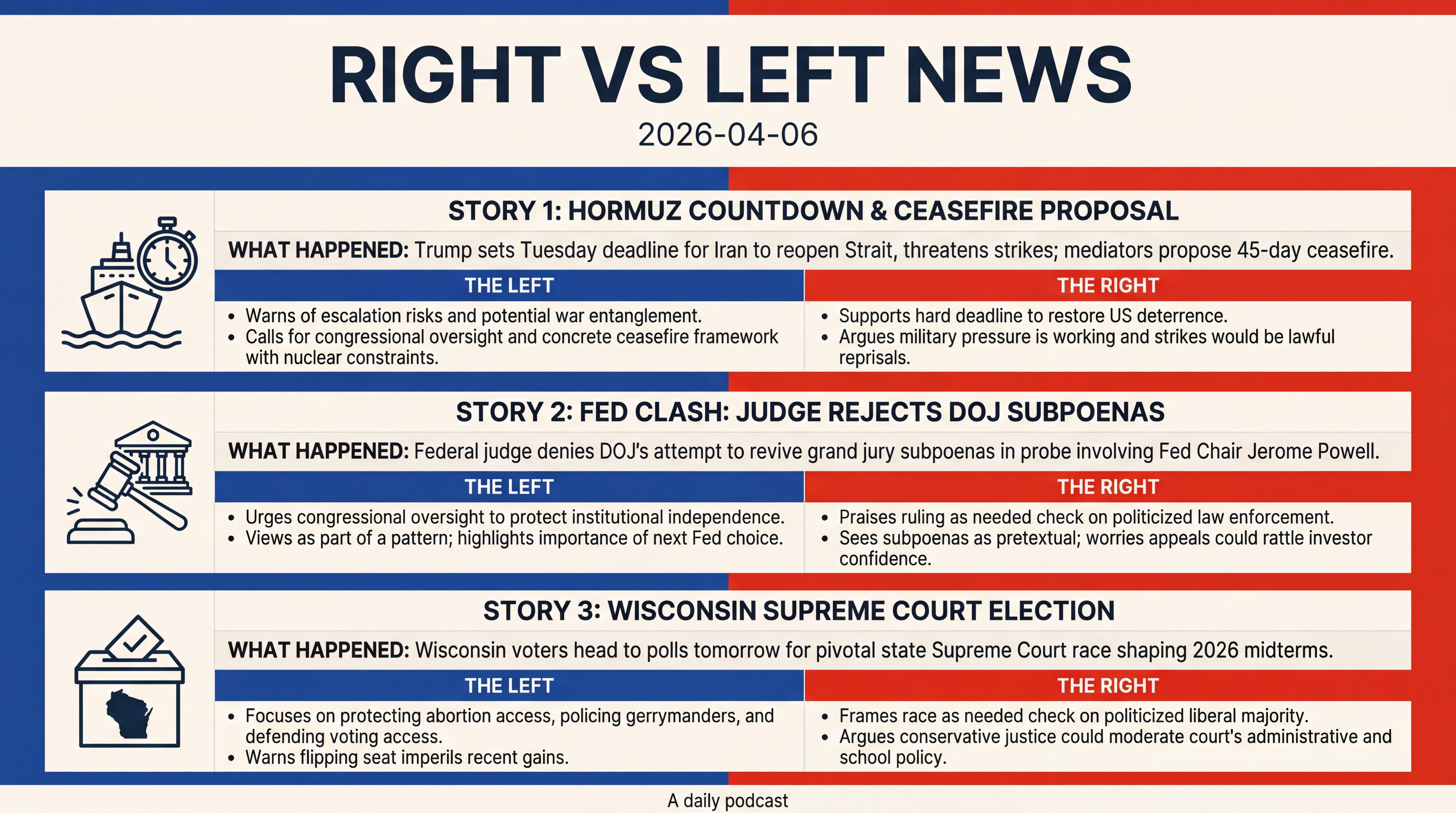 Infographic for Hormuz Countdown, Fed Clash, Wisconsin Ballots