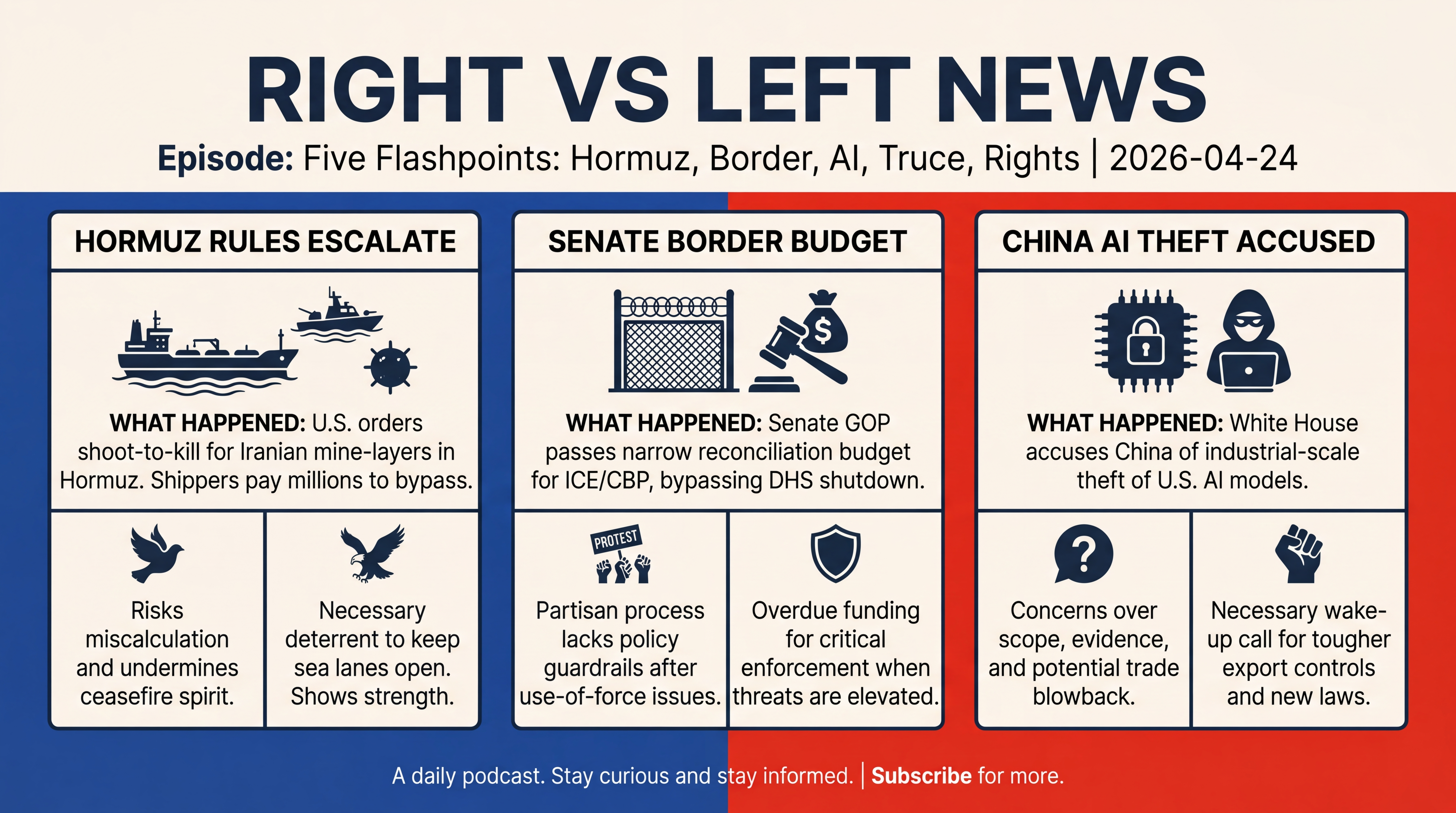 Infographic for Five Flashpoints: Hormuz, Border, AI, Truce, Rights