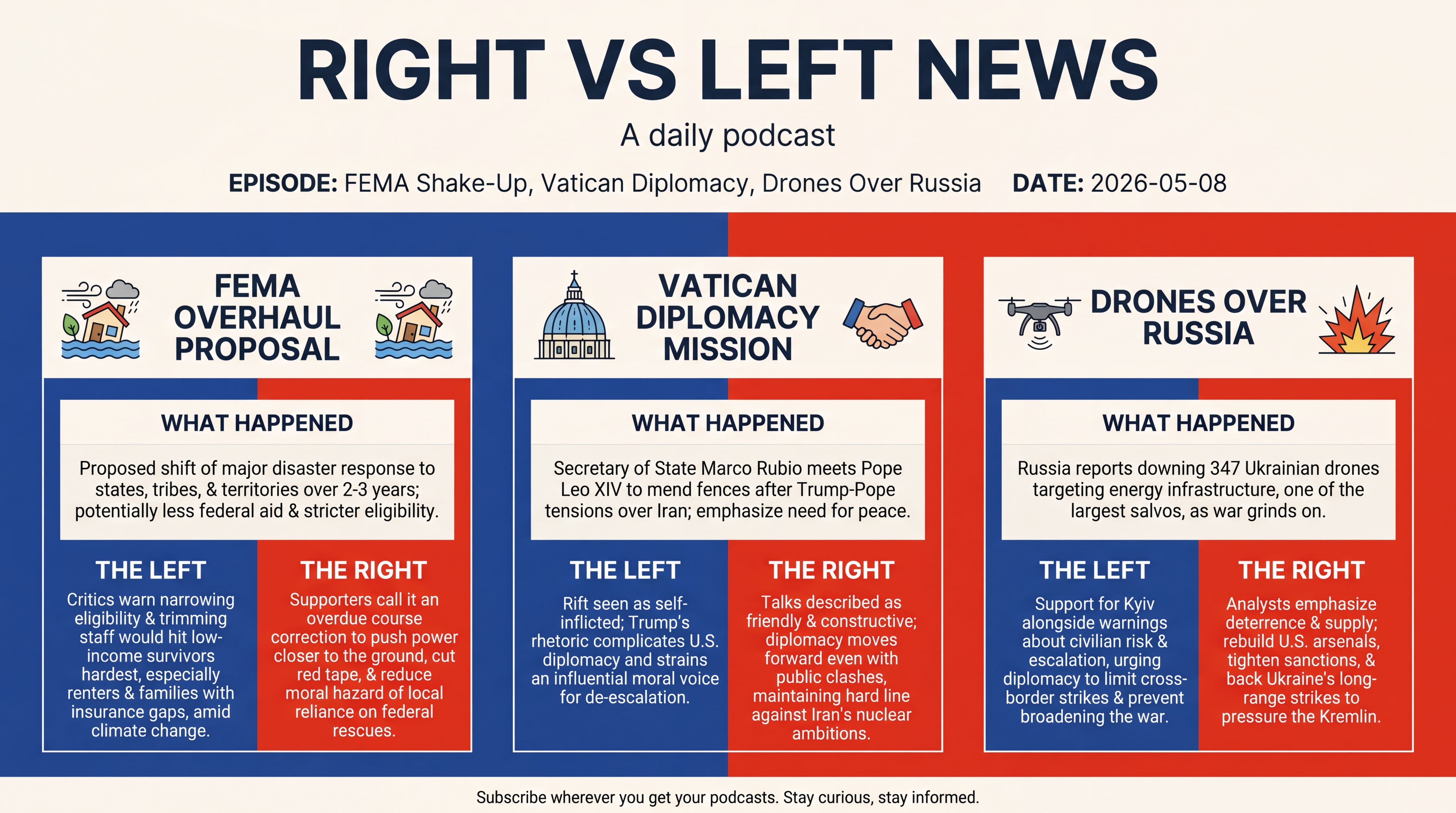 Infographic for FEMA Shake‑Up, Vatican Diplomacy, Drones Over Russia