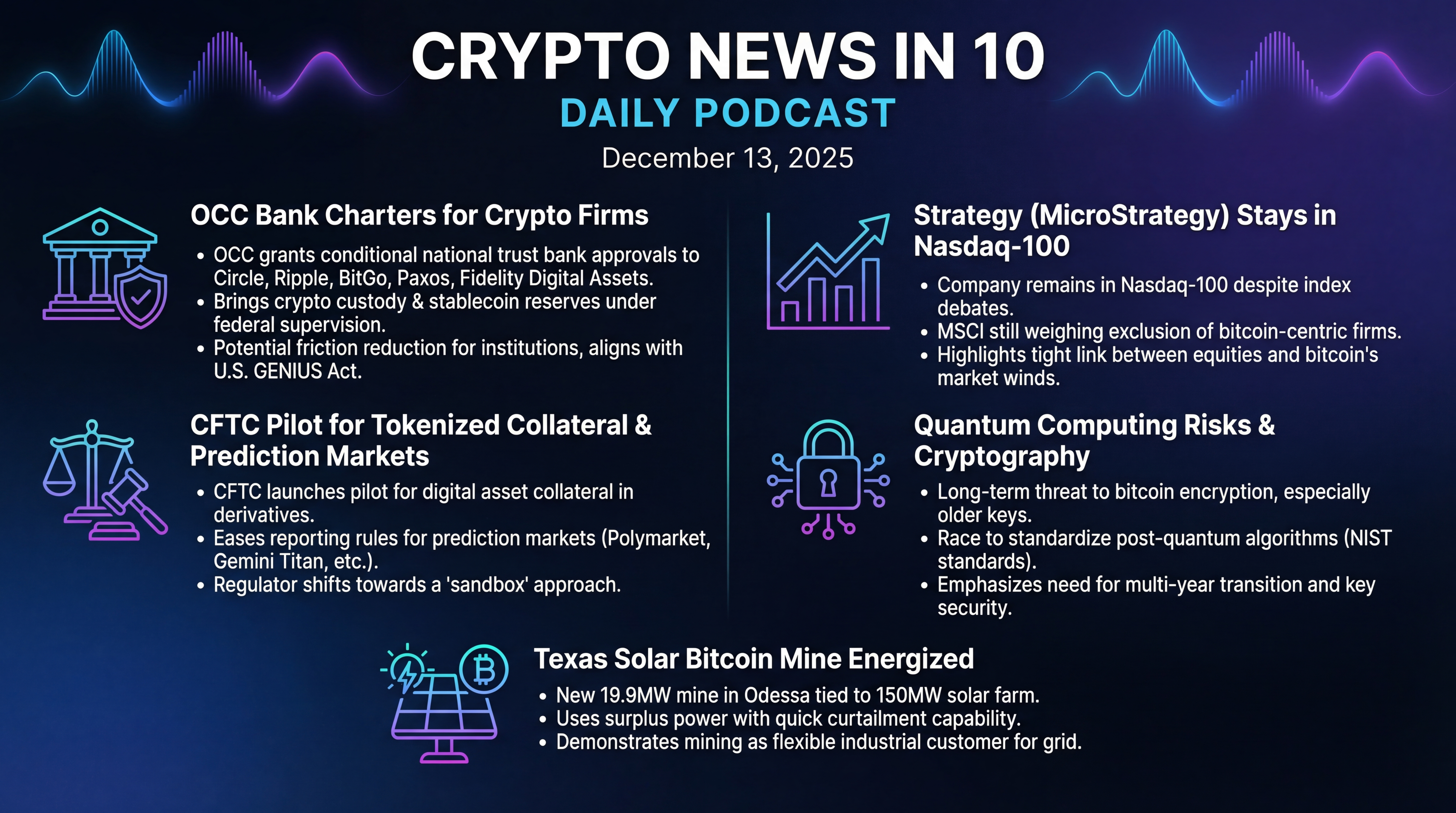 Infographic for Bank Charters, Index Drama, Quantum Risks, Texas Solar