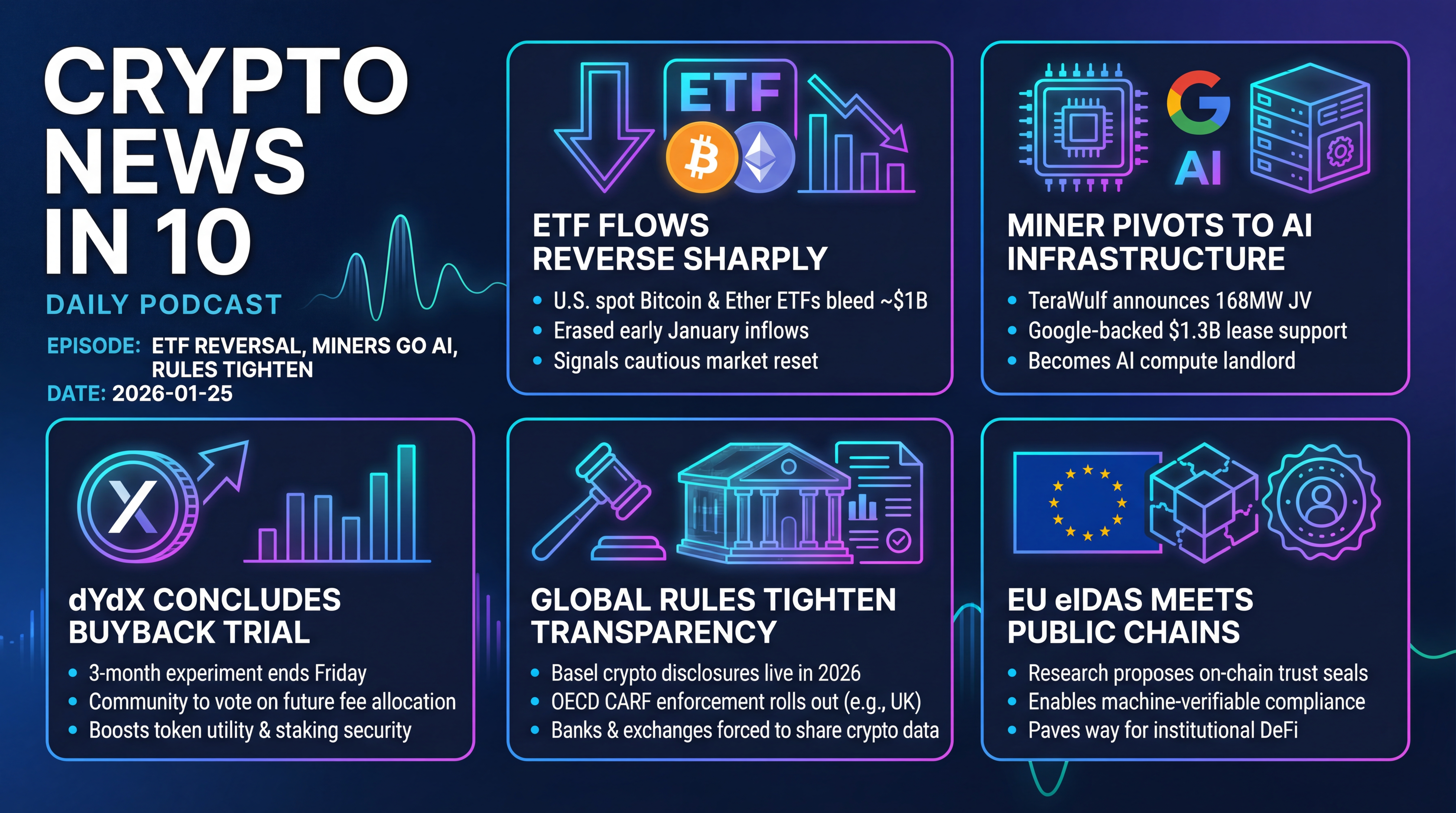 Infographic for ETF Reversal, Miners Go AI, Rules Tighten