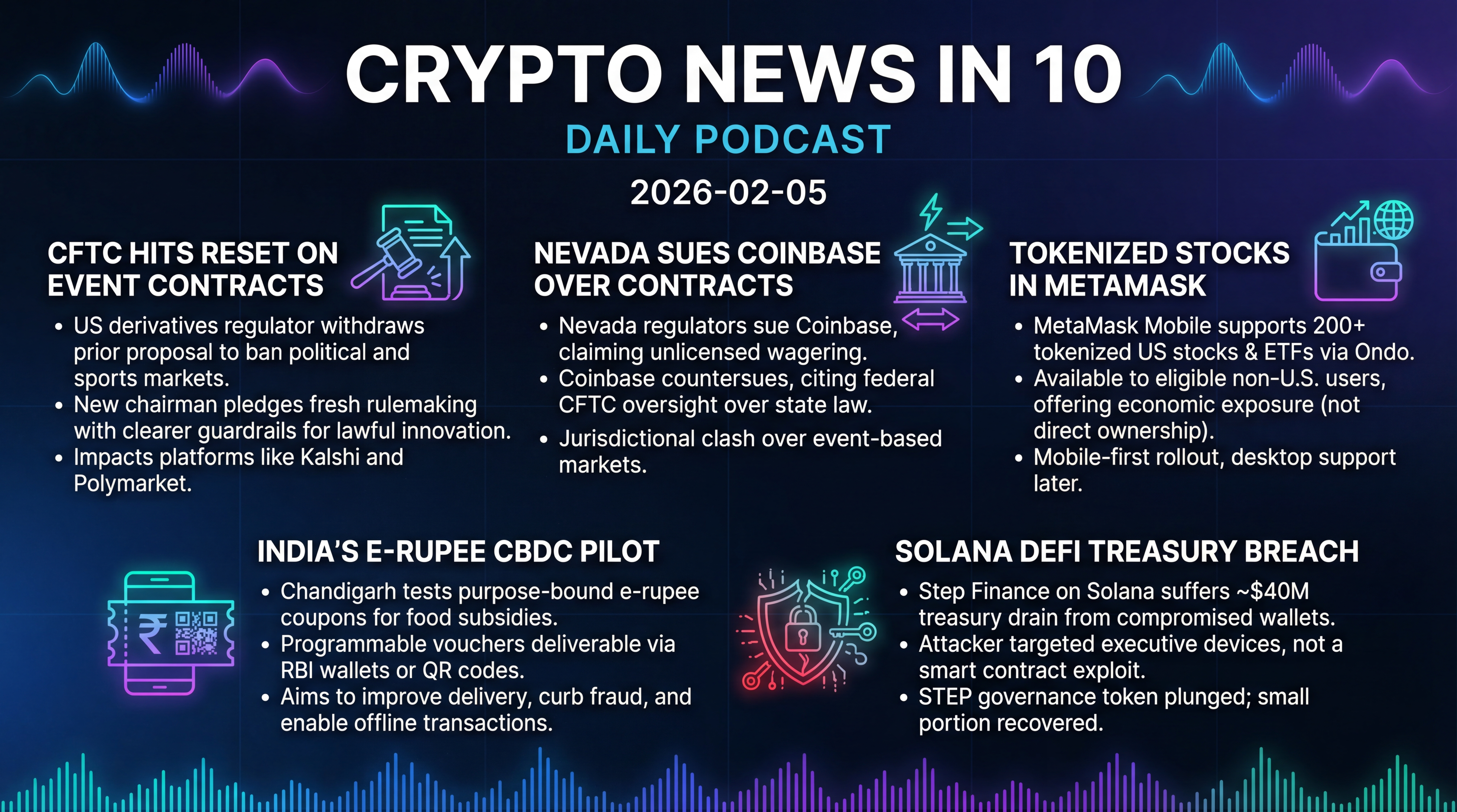 Infographic for CFTC Reset, Coinbase Clash, and Solana Shock
