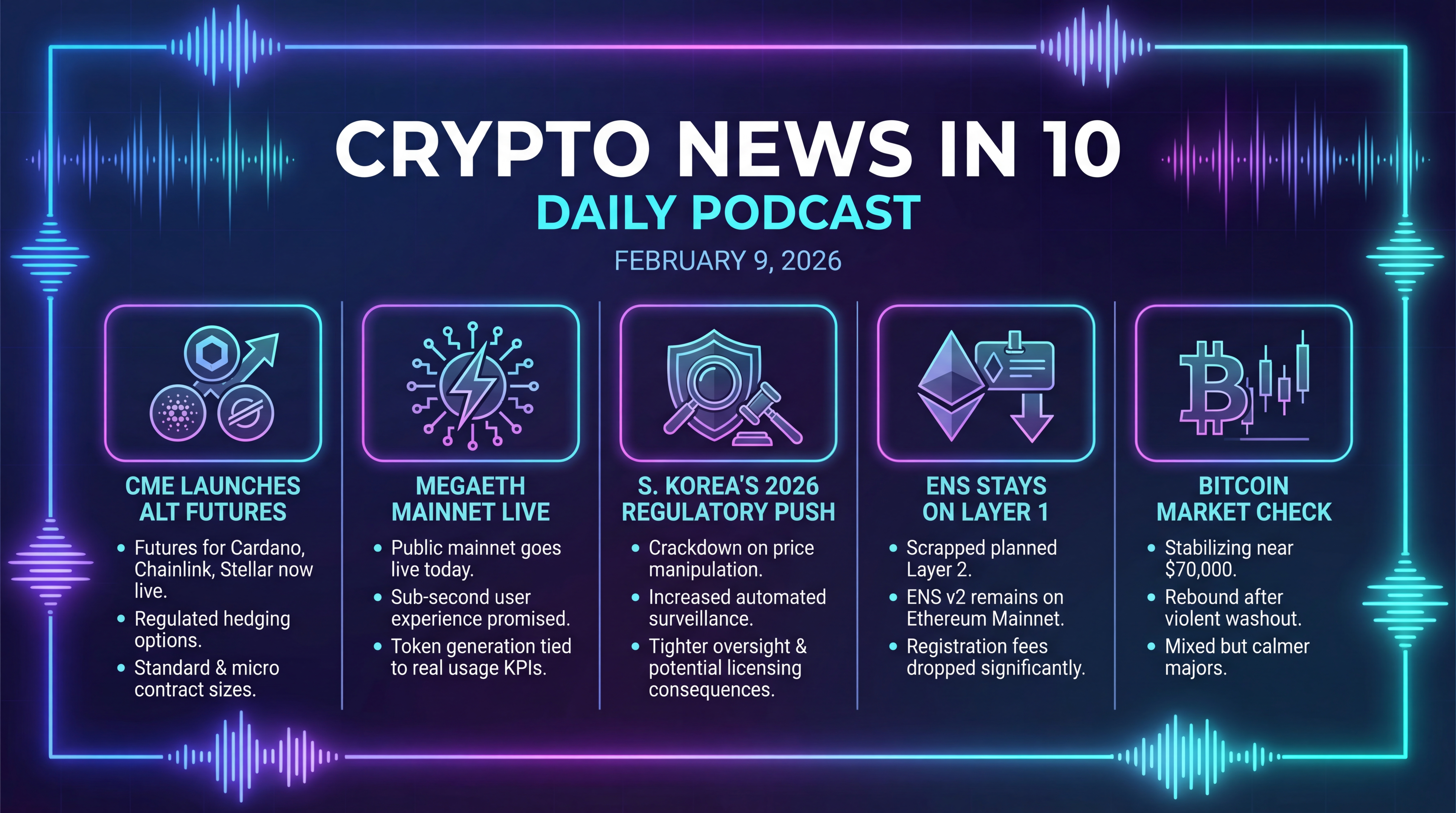 Infographic for CME Alt Futures, MegaETH Live, ENS Stays Mainnet