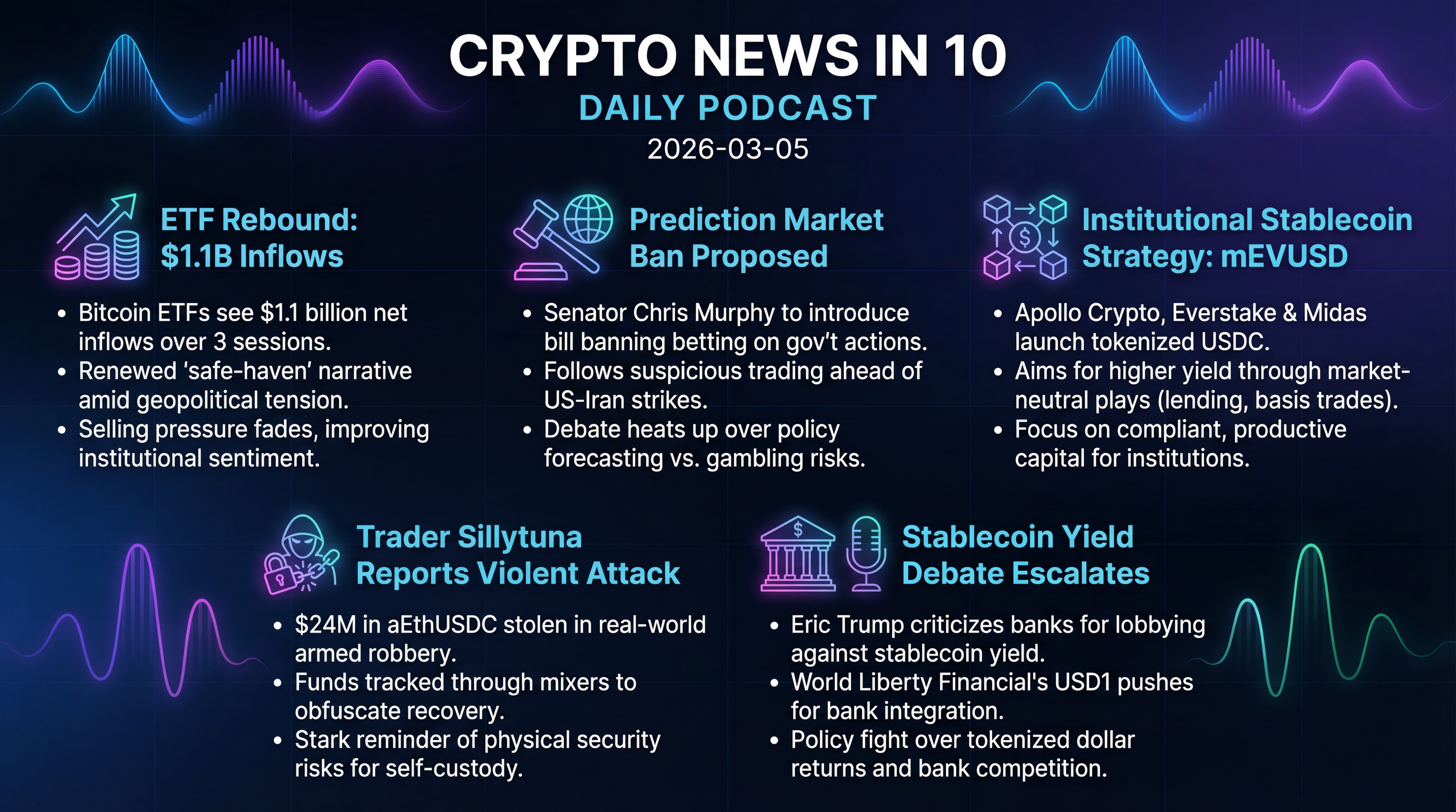 Infographic for ETF Rebound, Prediction Markets, and Stablecoin Showdown
