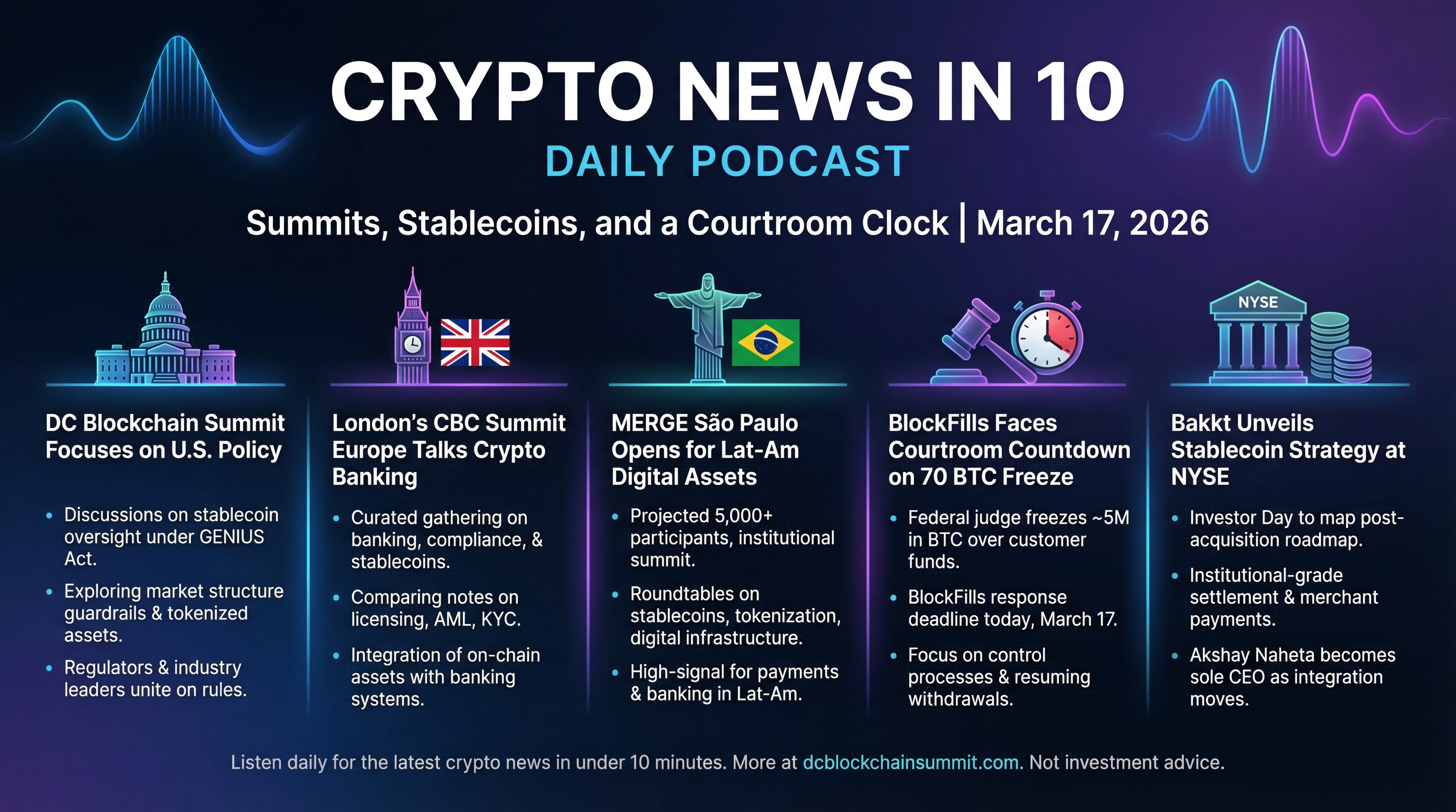 Infographic for Summits, Stablecoins, and a Courtroom Clock